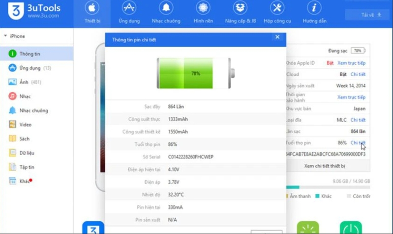 Cách kiểm tra pin iphone dùng phần mềm 3uTools trên máy tính khá phổ biến