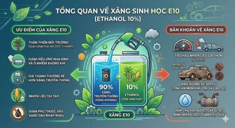 Xăng E10 gồm khoảng 90% xăng khoáng và 10% ethanol sinh học. 