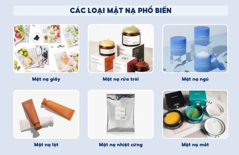 Mỗi loại mặt nạ có công dụng riêng, từ cấp ẩm, làm dịu đến hút dầu thừa hoặc hỗ trợ phục hồi da.