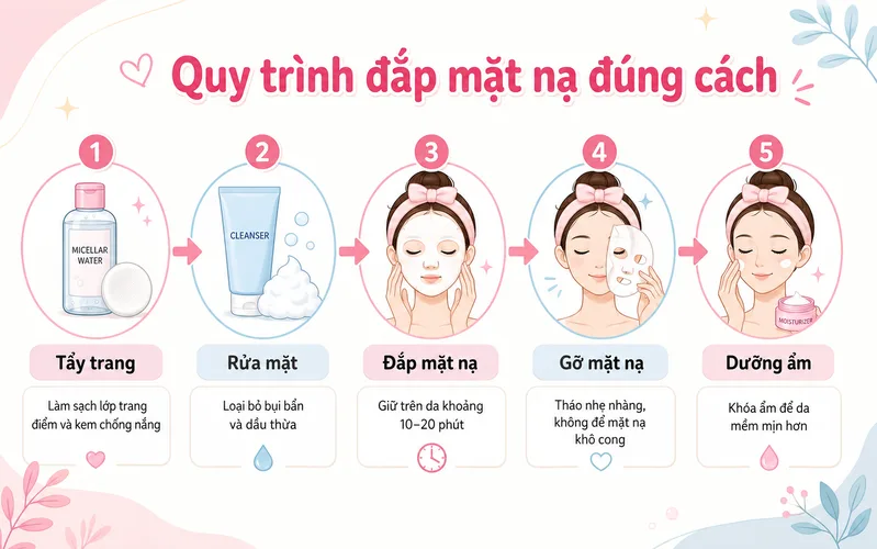Quy trình đắp mặt nạ đúng cách giúp da được chăm sóc hiệu quả hơn và giảm nguy cơ kích ứng không mong muốn.